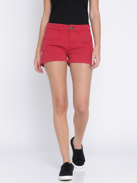 Pepe Jeans Women Red Self Design Regular Fit Regular Short
