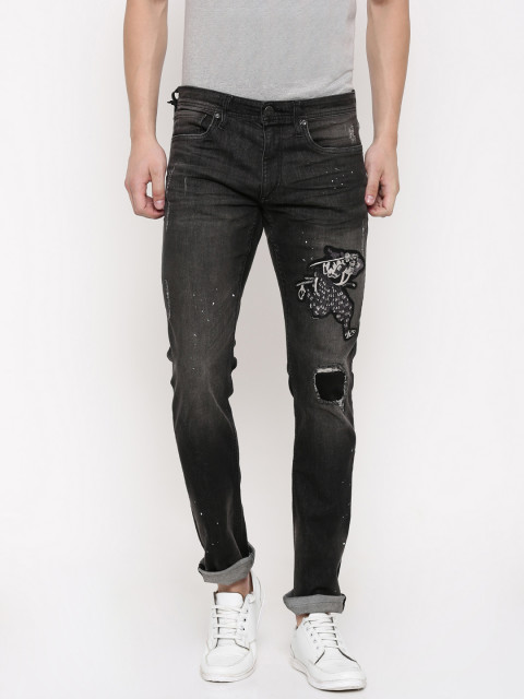 Jack and Jones Men Black Slim Fit Mildly Distressed Strecthable Jeans