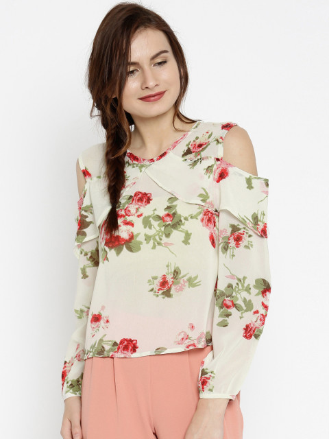 PURYS Women Cream-Coloured Printed Top