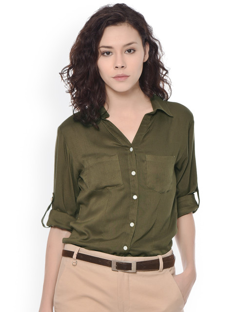 PURYS Women Olive Green Tailored Fit Solid