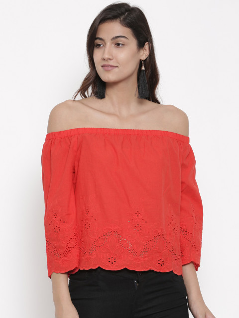 Forever 21 Women Red Self Design Bardot Top