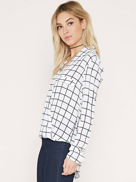 Forever 21 Women White and Black Checked Wrap Top