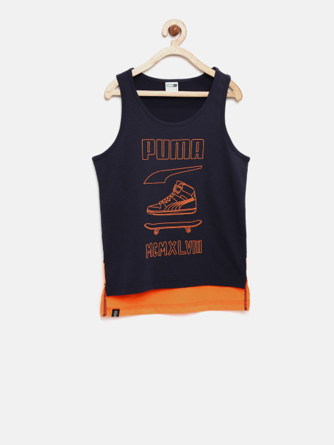 Puma Boys Navy Blue and Orange Printed Layered Round Neck T-Shirt