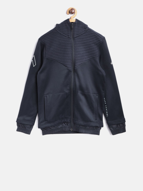 Adidas Boys Navy Blue YB ACE FZ Solid Hooded Sporty Jacket